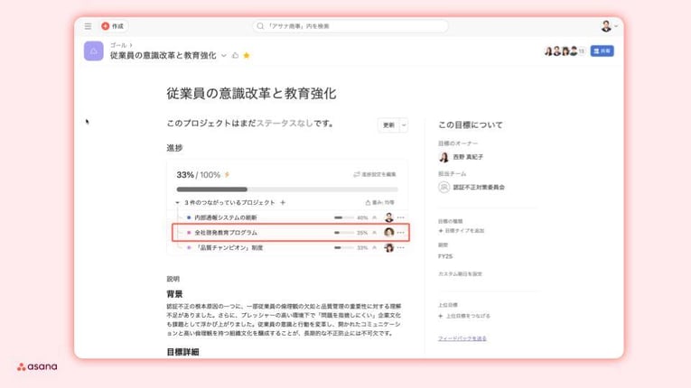 目標に対する進捗状況や背景、詳細が一覧で確認できます